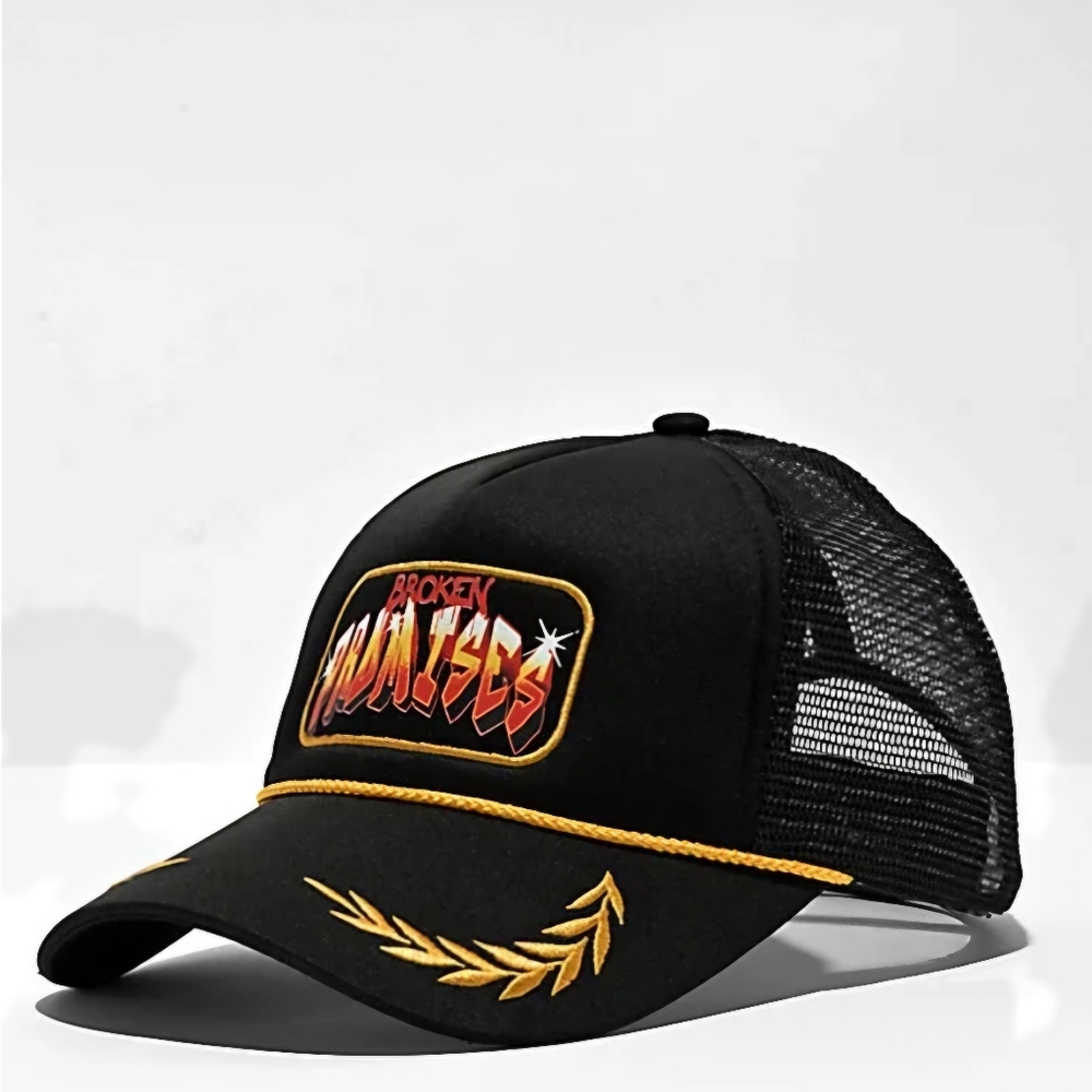 Broken Promises Black Gold Trucker Hat Embroidered Leaf Mesh Snapback